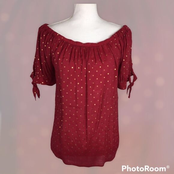 Harve Benard Tops - Harve Bernard Lightweight Red with Gold Polka Dot Top Sz M Tie Sleeves Shirt